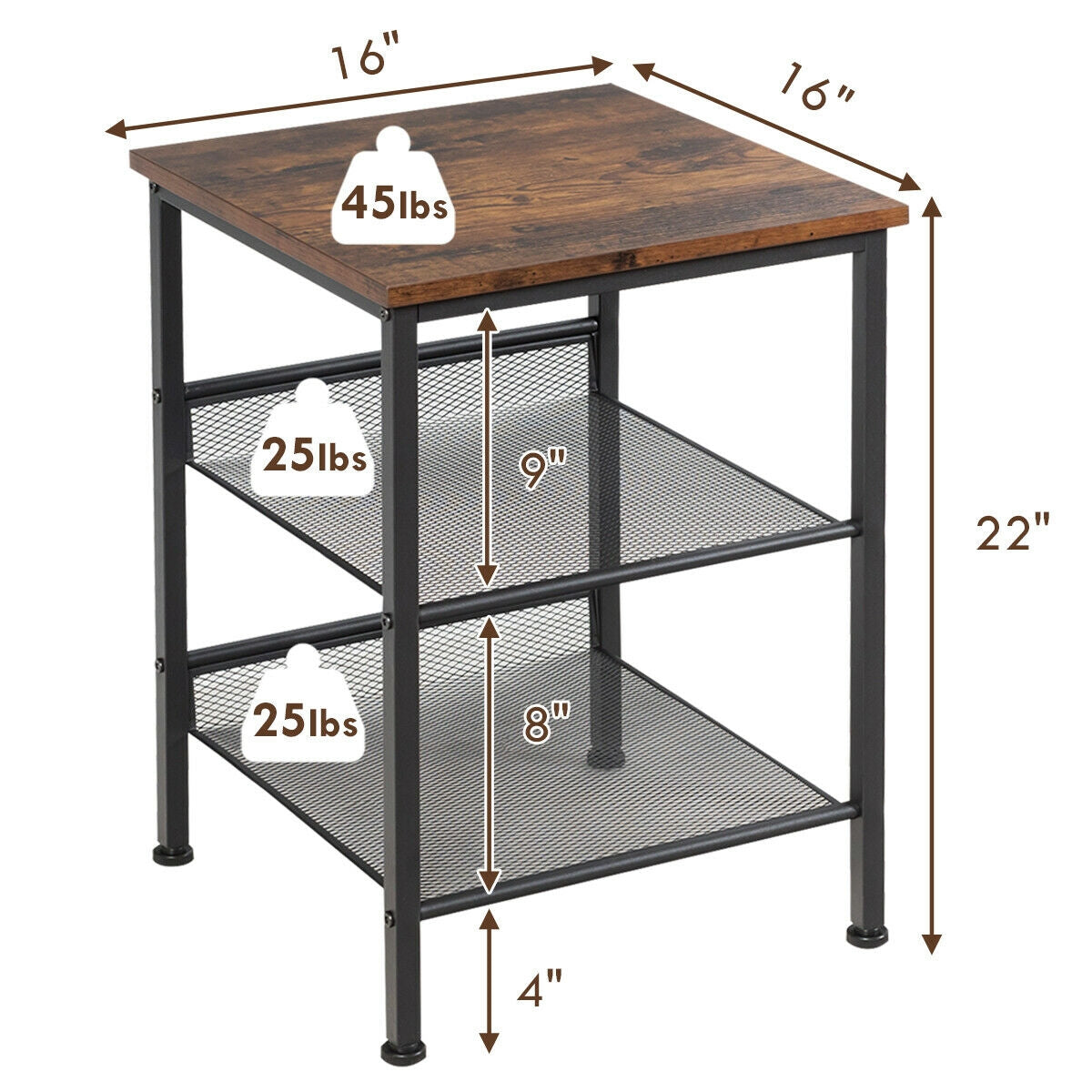 3-Tier Industrial End Table with Mesh Shelves and Adjustable Shelves, Rustic Brown End & Side Tables at Gallery Canada