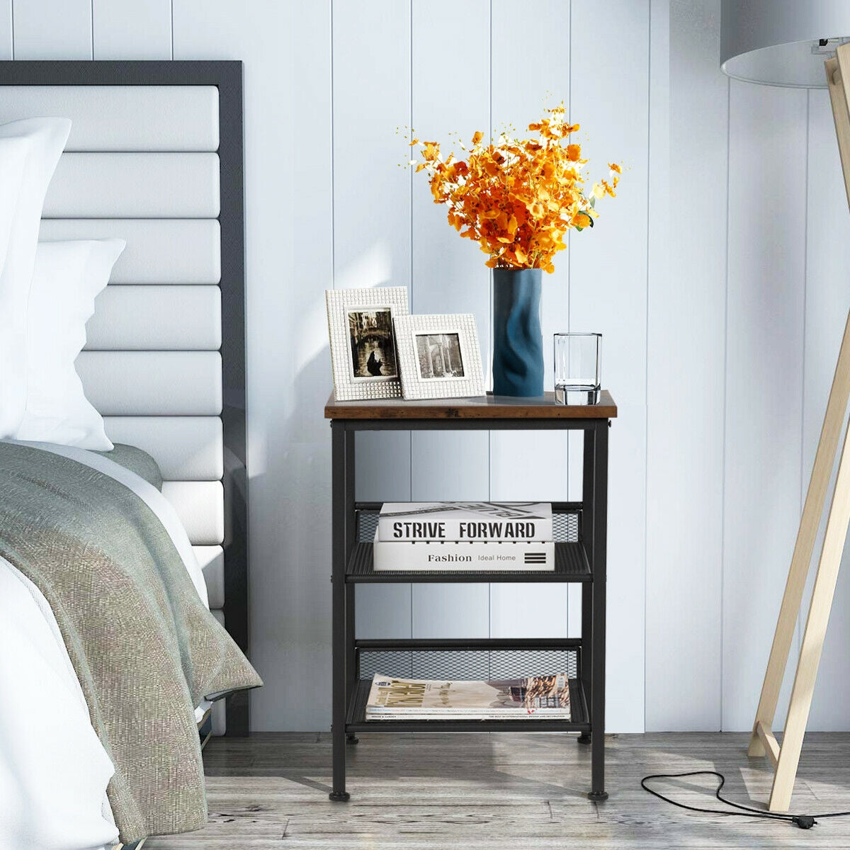3-Tier Industrial End Table with Mesh Shelves and Adjustable Shelves, Rustic Brown End & Side Tables at Gallery Canada