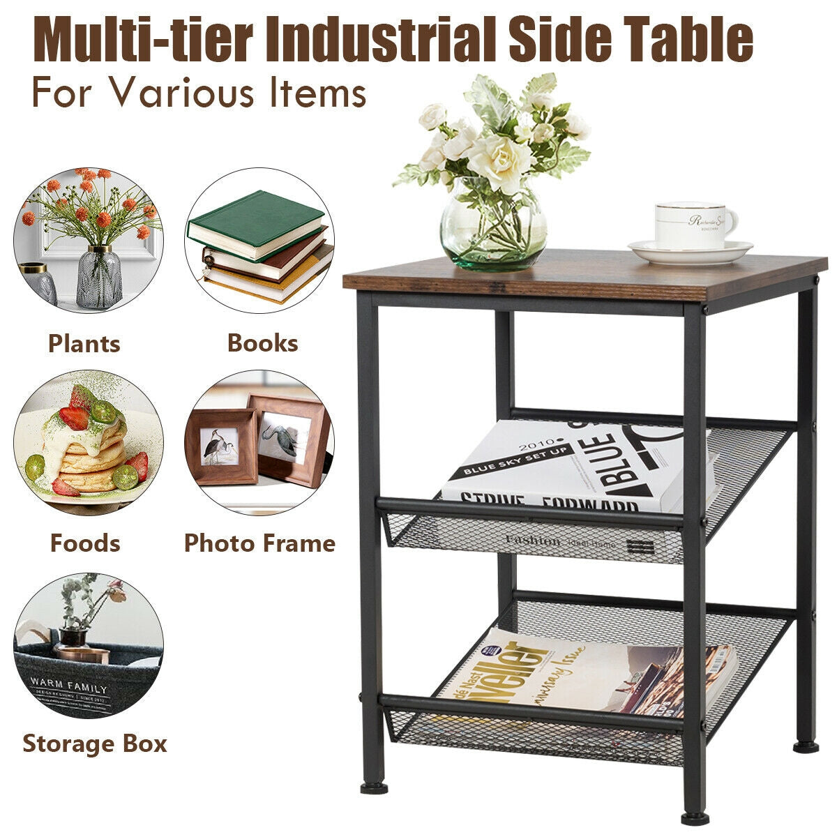 3-Tier Industrial End Table with Mesh Shelves and Adjustable Shelves, Rustic Brown End & Side Tables at Gallery Canada