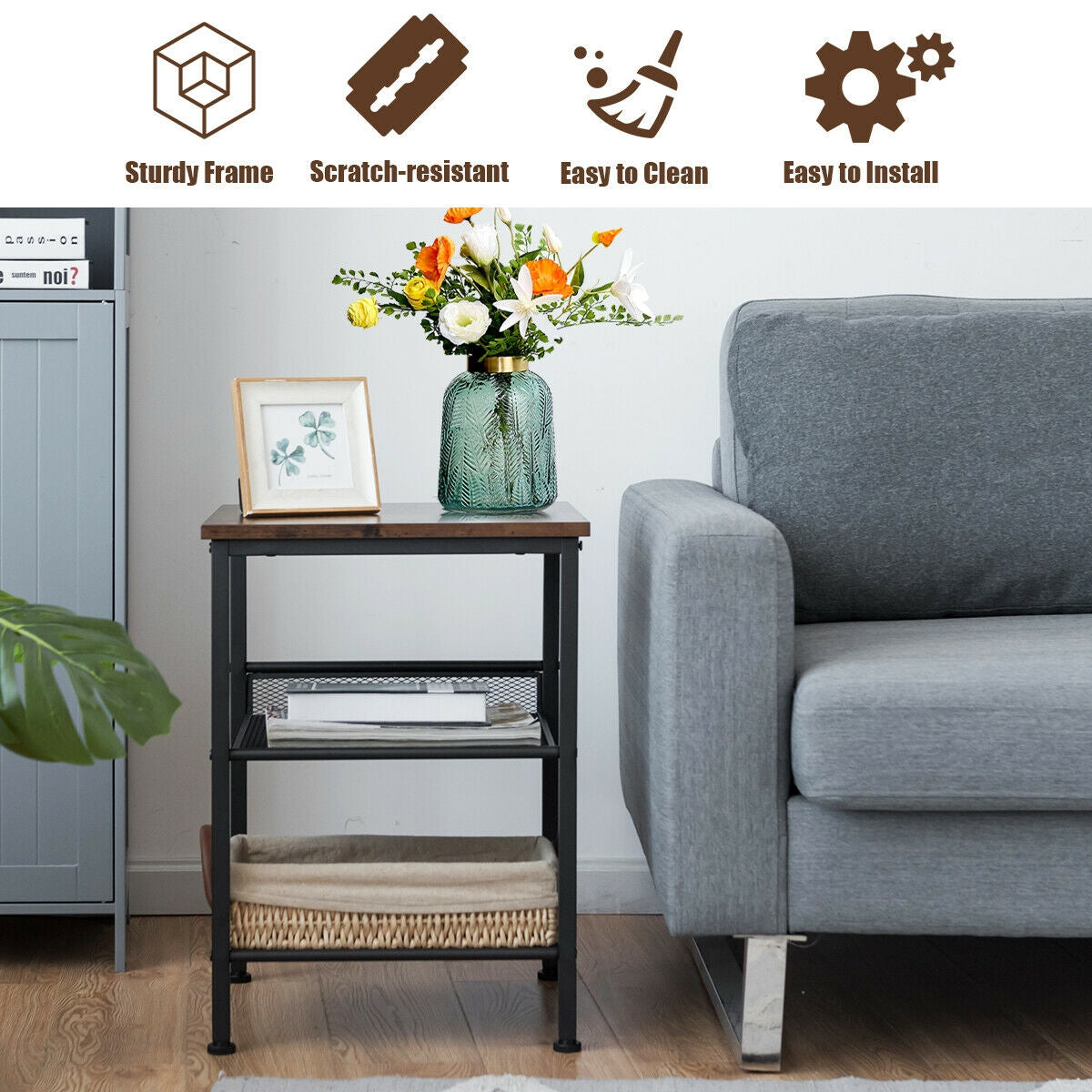 3-Tier Industrial End Table with Mesh Shelves and Adjustable Shelves, Rustic Brown End & Side Tables at Gallery Canada