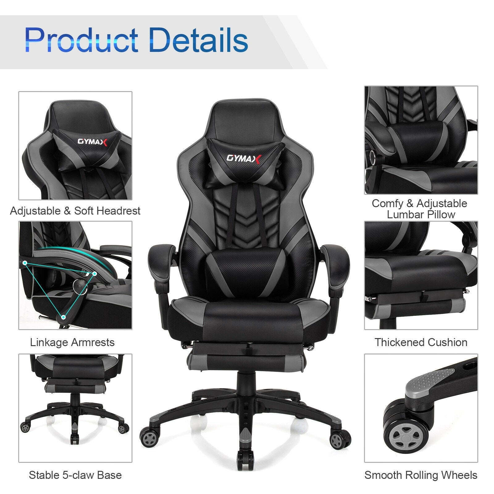 Adjustable Gaming Chair with Footrest for Home Office, Gray Gaming Chairs at Gallery Canada