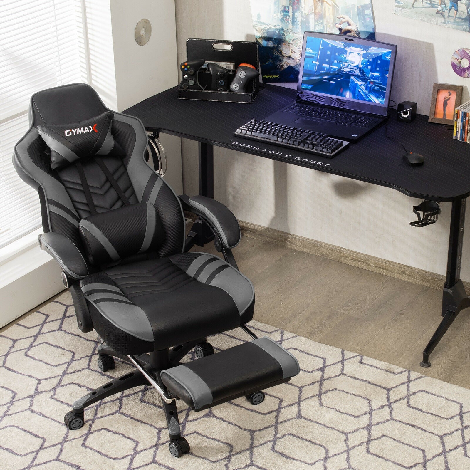Adjustable Gaming Chair with Footrest for Home Office, Gray Gaming Chairs at Gallery Canada
