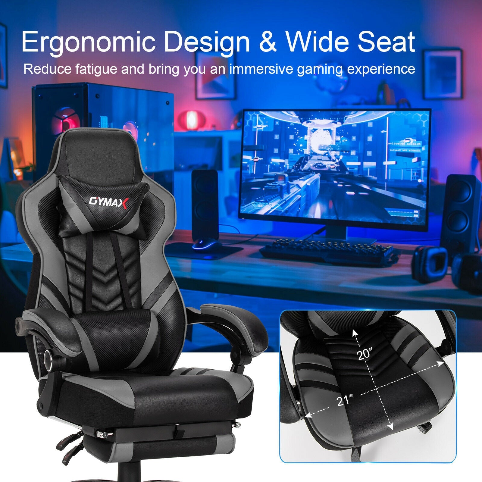 Adjustable Gaming Chair with Footrest for Home Office, Gray Gaming Chairs at Gallery Canada