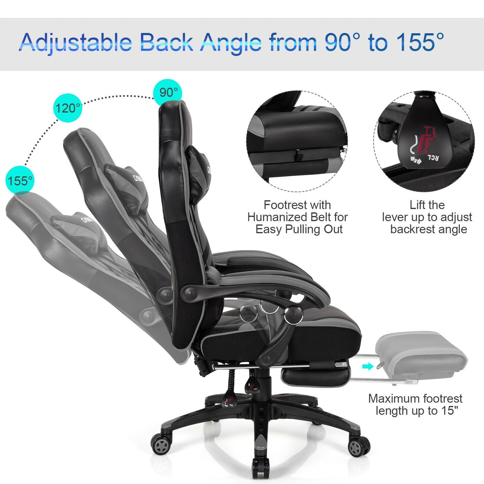 Adjustable Gaming Chair with Footrest for Home Office, Gray Gaming Chairs at Gallery Canada
