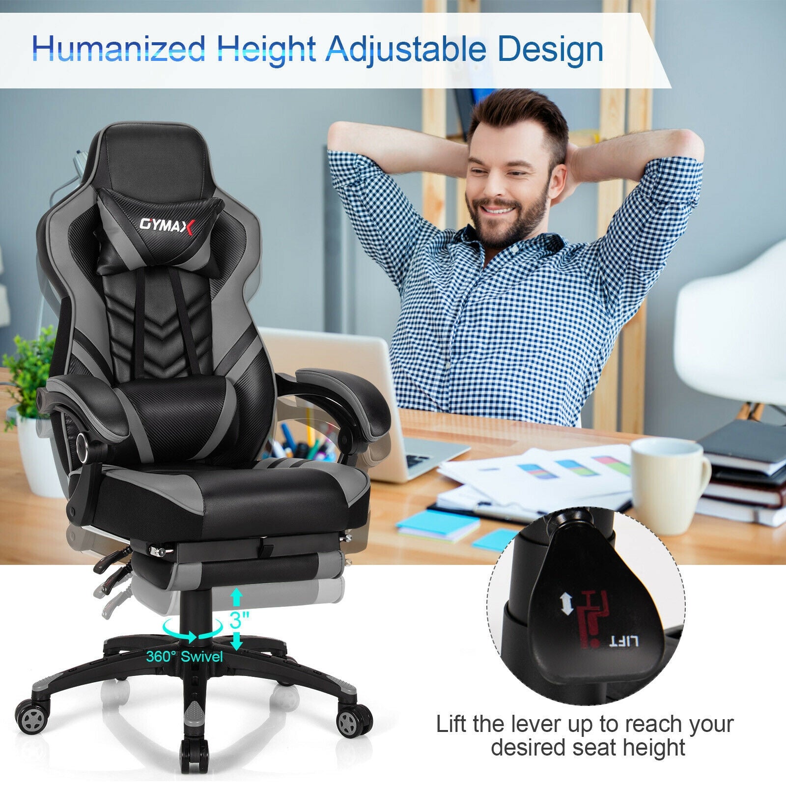 Adjustable Gaming Chair with Footrest for Home Office, Gray Gaming Chairs at Gallery Canada