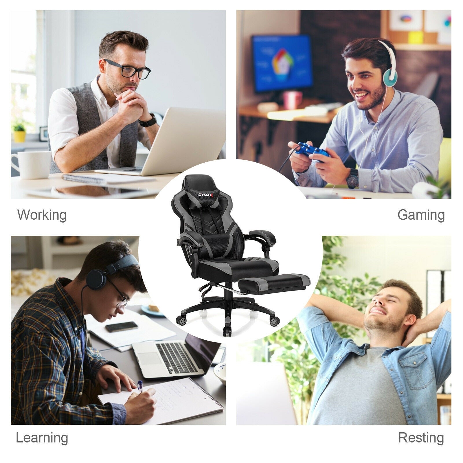 Adjustable Gaming Chair with Footrest for Home Office, Gray Gaming Chairs at Gallery Canada