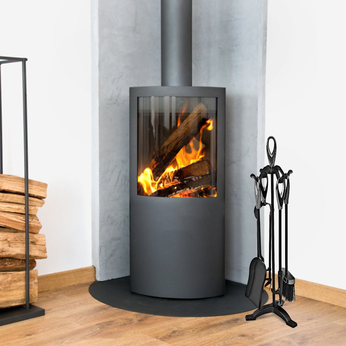 5 Pieces Rustic Heavy Duty Compact Wrought Iron Fireplace Tools Set, Black Fireplace Tools at Gallery Canada