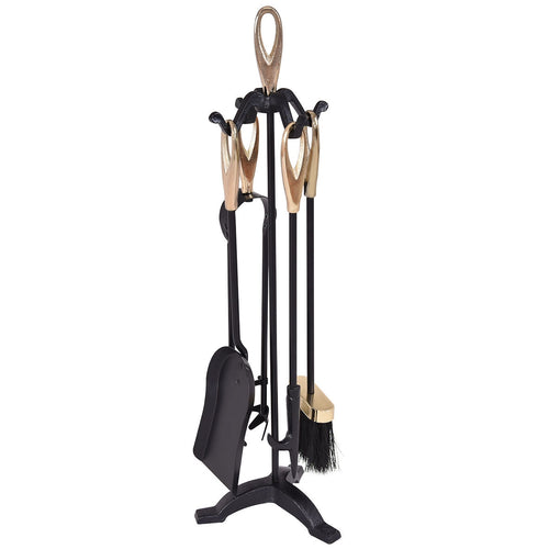 5 Pieces Stylish Gold Iron Fireplace Tools Set, Golden