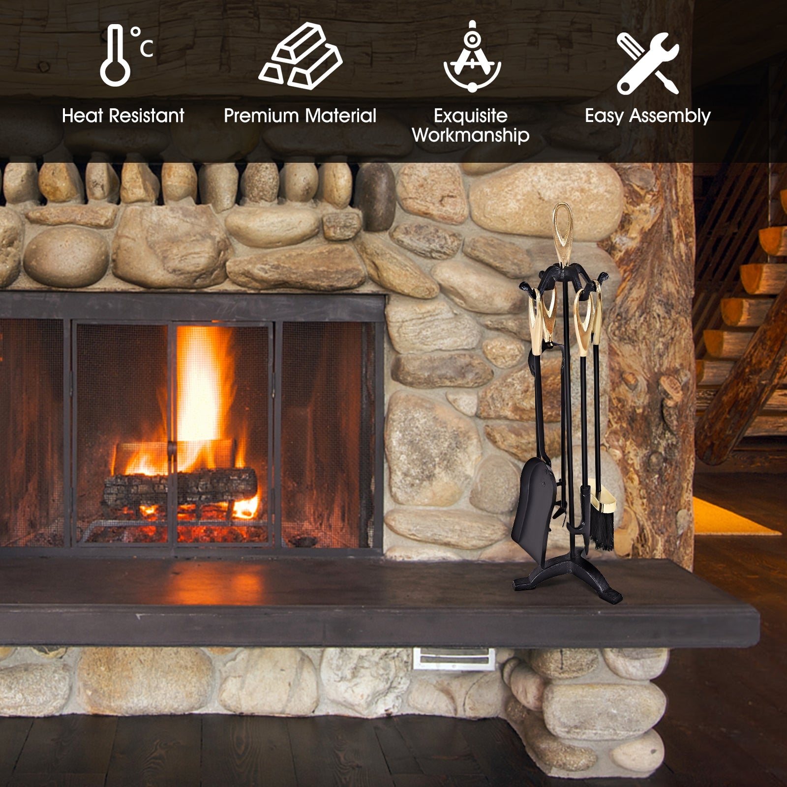 5 Pieces Stylish Gold Iron Fireplace Tools Set, Golden Fireplace Tools at Gallery Canada