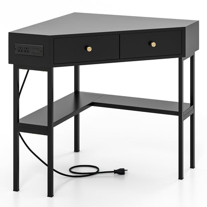 Triangle Corner Desk with Charging Station with 2 Drawers and Storage Shelf, Black Corner Desks Black at Gallery Canada