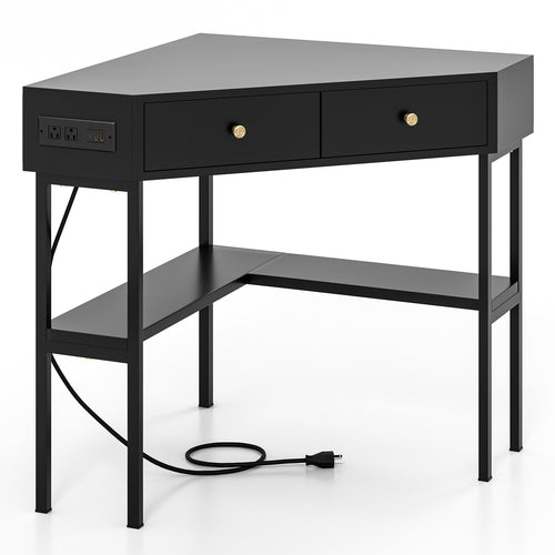 Triangle Corner Desk with Charging Station with 2 Drawers and Storage Shelf, Black