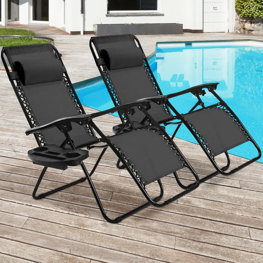 2 Pieces Folding Lounge Chair with Zero Gravity - Black, Black Beach & Lawn Chairs Black at Gallery Canada