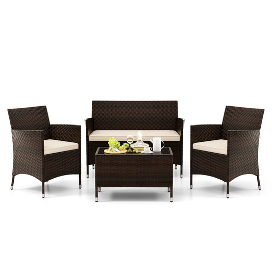 4-Piece Outdoor Rattan Sofa Set, Glass Coffee Table, Light Brown Patio Conversation Sets Light Brown at Gallery Canada