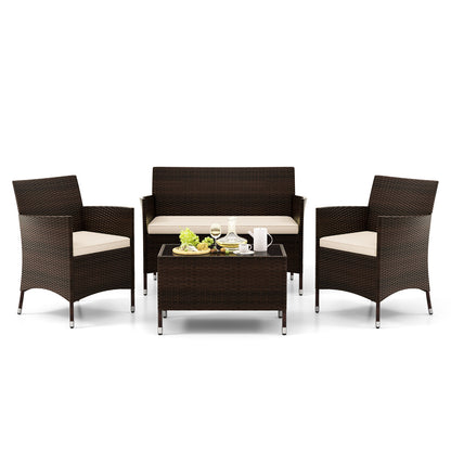 4-Piece Outdoor Rattan Sofa Set, Glass Coffee Table, Light Brown