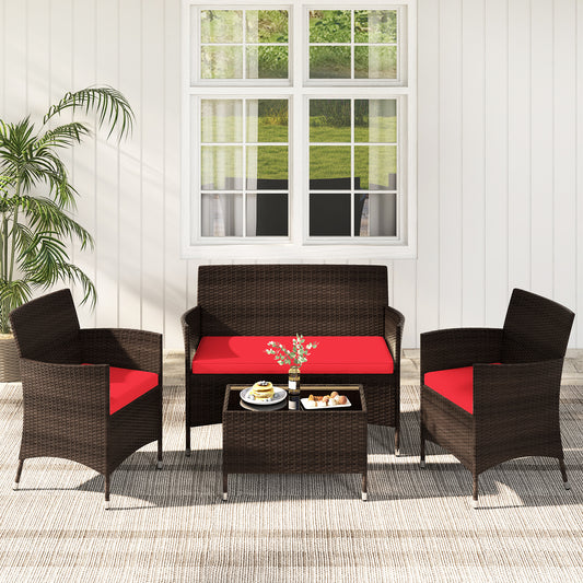 4 Pieces Comfortable Rattan Outdoor Conversation Furniture Set with Glass Table, Red Patio Conversation Sets Red at Gallery Canada