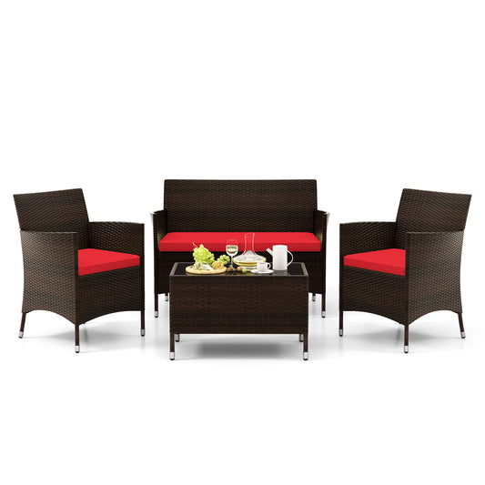 4 Pieces Comfortable Rattan Outdoor Conversation Furniture Set with Glass Table, Red Patio Conversation Sets Red at Gallery Canada