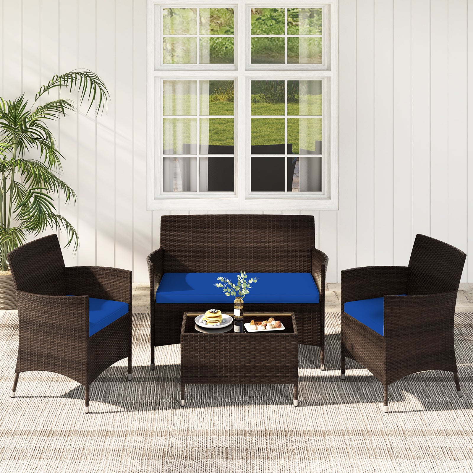 4 Pieces Rattan Sofa Set with Glass Table and Comfortable Wicker for Outdoor Patio, Navy Patio Conversation Sets at Gallery Canada