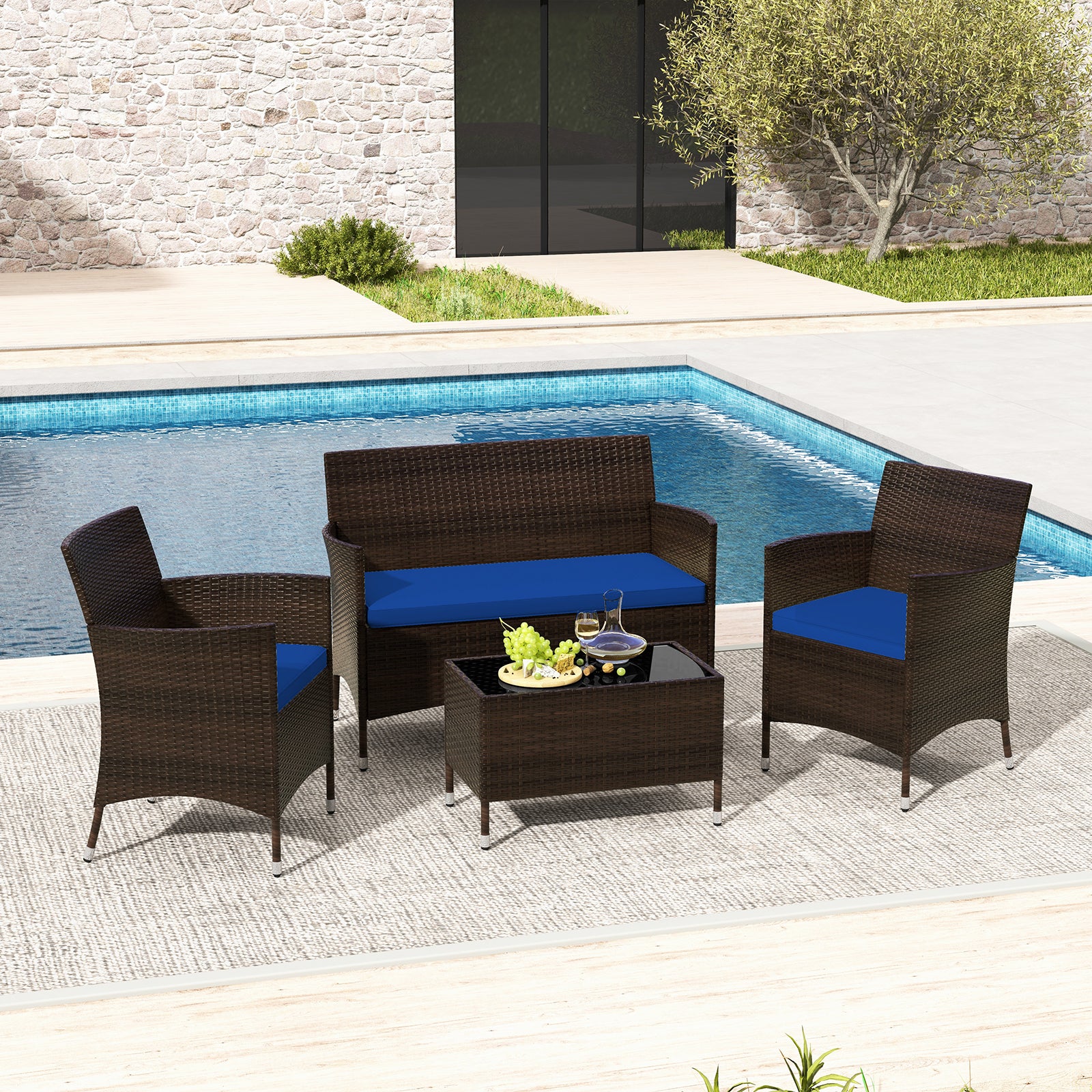 4 Pieces Rattan Sofa Set with Glass Table and Comfortable Wicker for Outdoor Patio, Navy Patio Conversation Sets at Gallery Canada