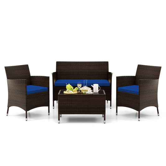 4 Pieces Rattan Sofa Set with Glass Table and Comfortable Wicker for Outdoor Patio, Navy Patio Conversation Sets at Gallery Canada