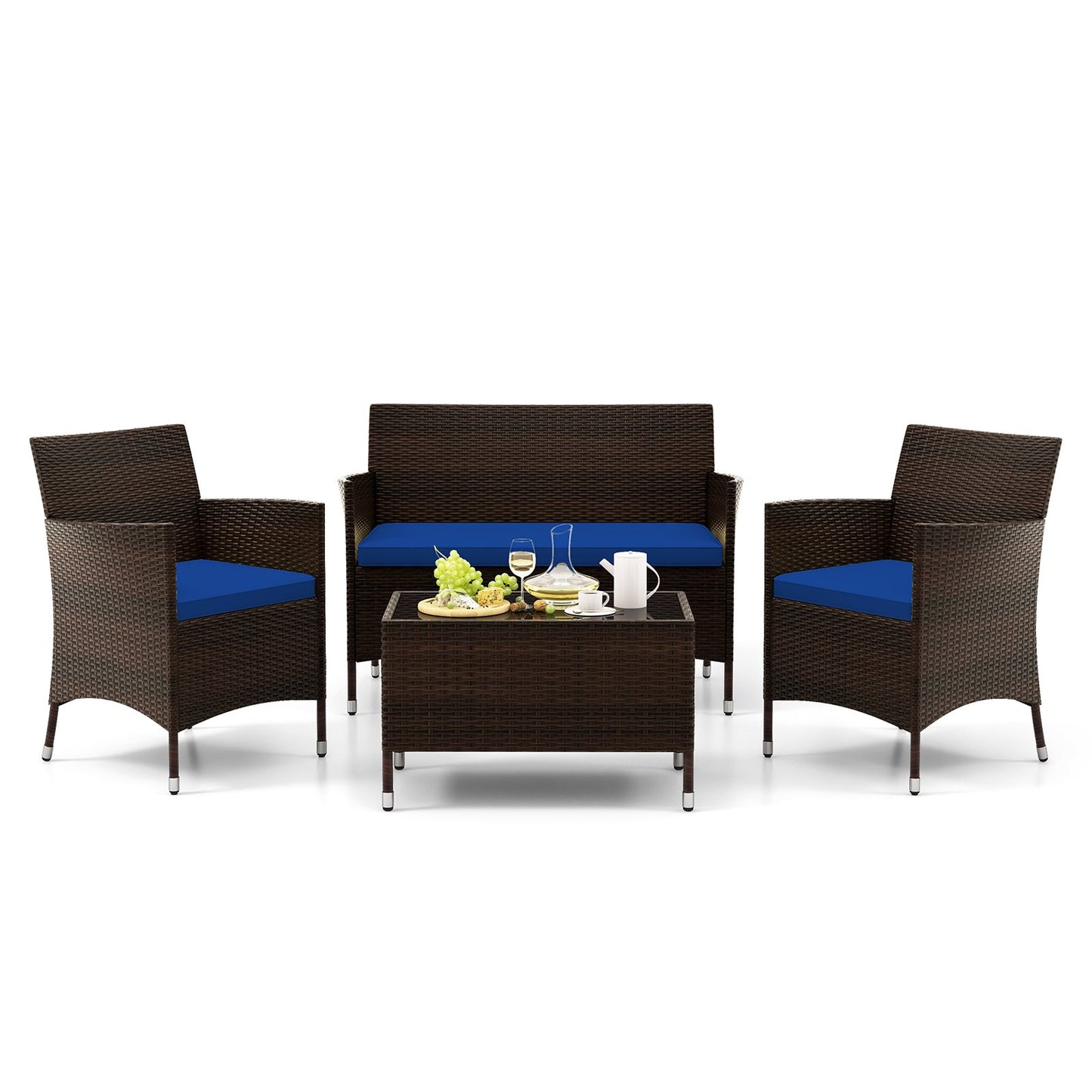 4 Pieces Rattan Sofa Set with Glass Table and Comfortable Wicker for Outdoor Patio, Navy Patio Conversation Sets Navy at Gallery Canada