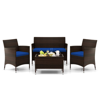 4 Pieces Rattan Sofa Set with Glass Table and Comfortable Wicker for Outdoor Patio, Navy Patio Conversation Sets Navy at Gallery Canada