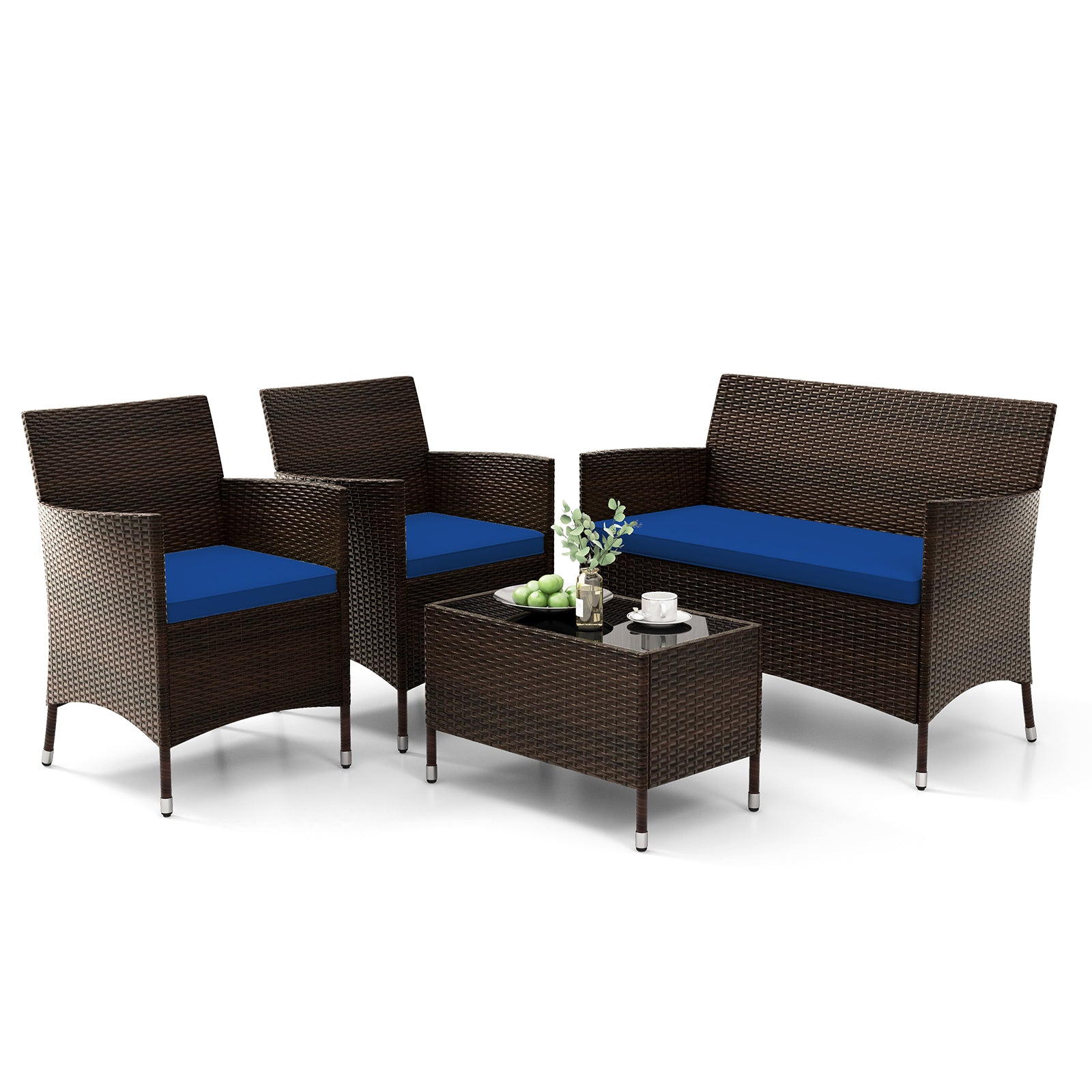 4 Pieces Rattan Sofa Set with Glass Table and Comfortable Wicker for Outdoor Patio, Navy Patio Conversation Sets at Gallery Canada