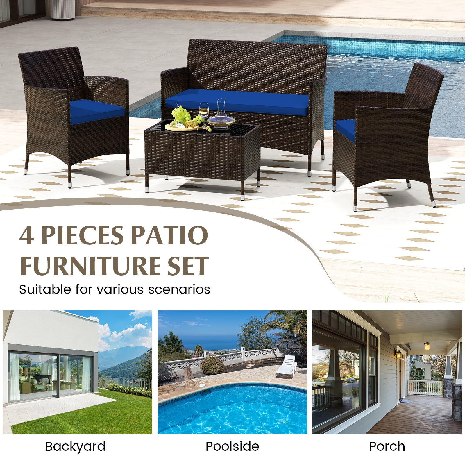 4 Pieces Rattan Sofa Set with Glass Table and Comfortable Wicker for Outdoor Patio, Navy Patio Conversation Sets at Gallery Canada