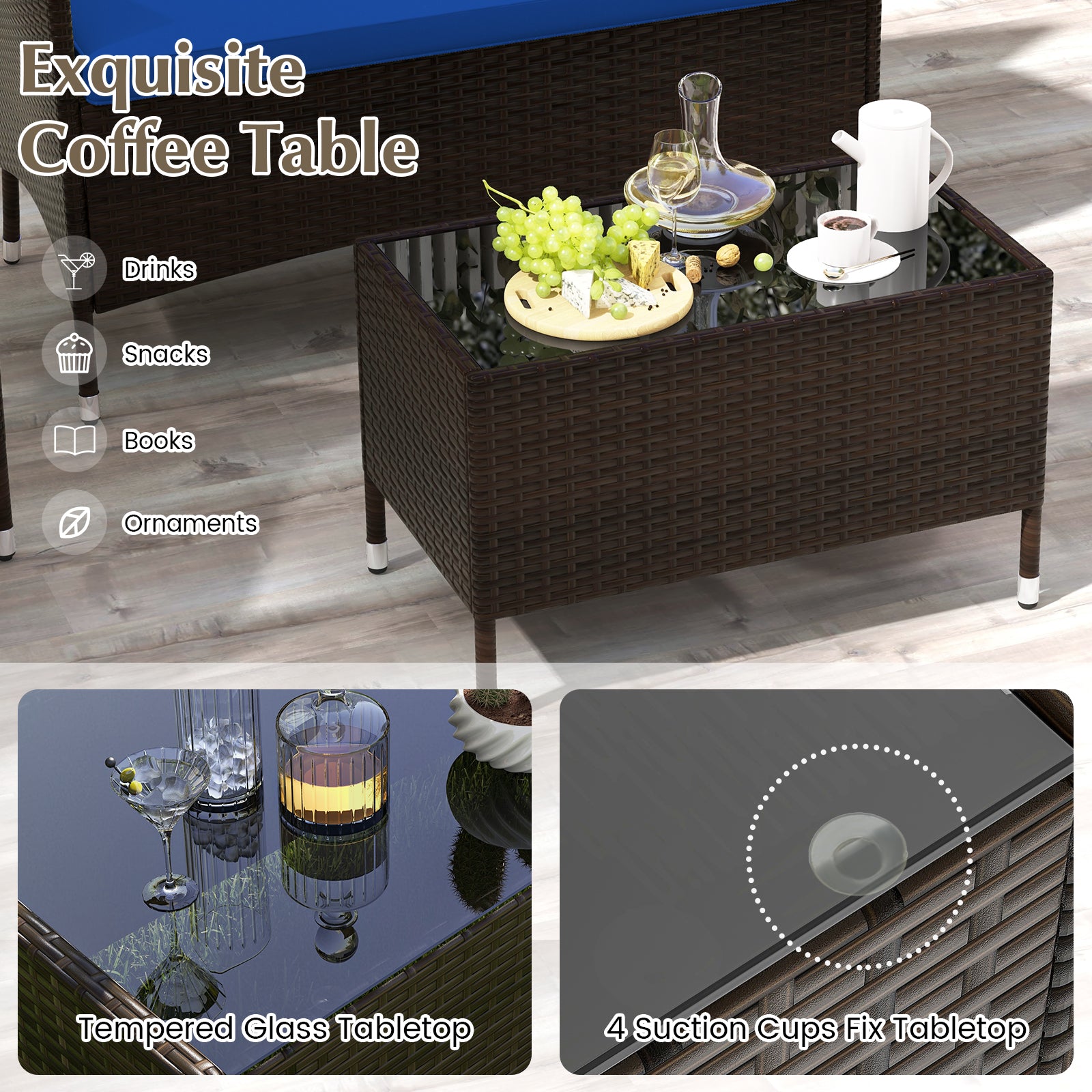 4 Pieces Rattan Sofa Set with Glass Table and Comfortable Wicker for Outdoor Patio, Navy Patio Conversation Sets at Gallery Canada