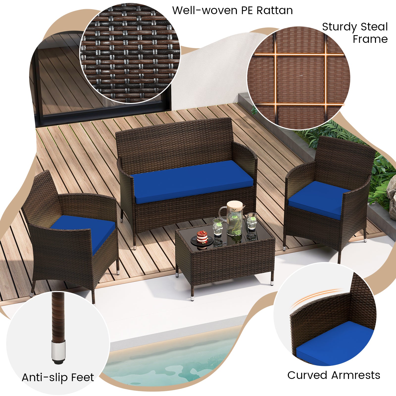 4 Pieces Rattan Sofa Set with Glass Table and Comfortable Wicker for Outdoor Patio, Navy Patio Conversation Sets at Gallery Canada