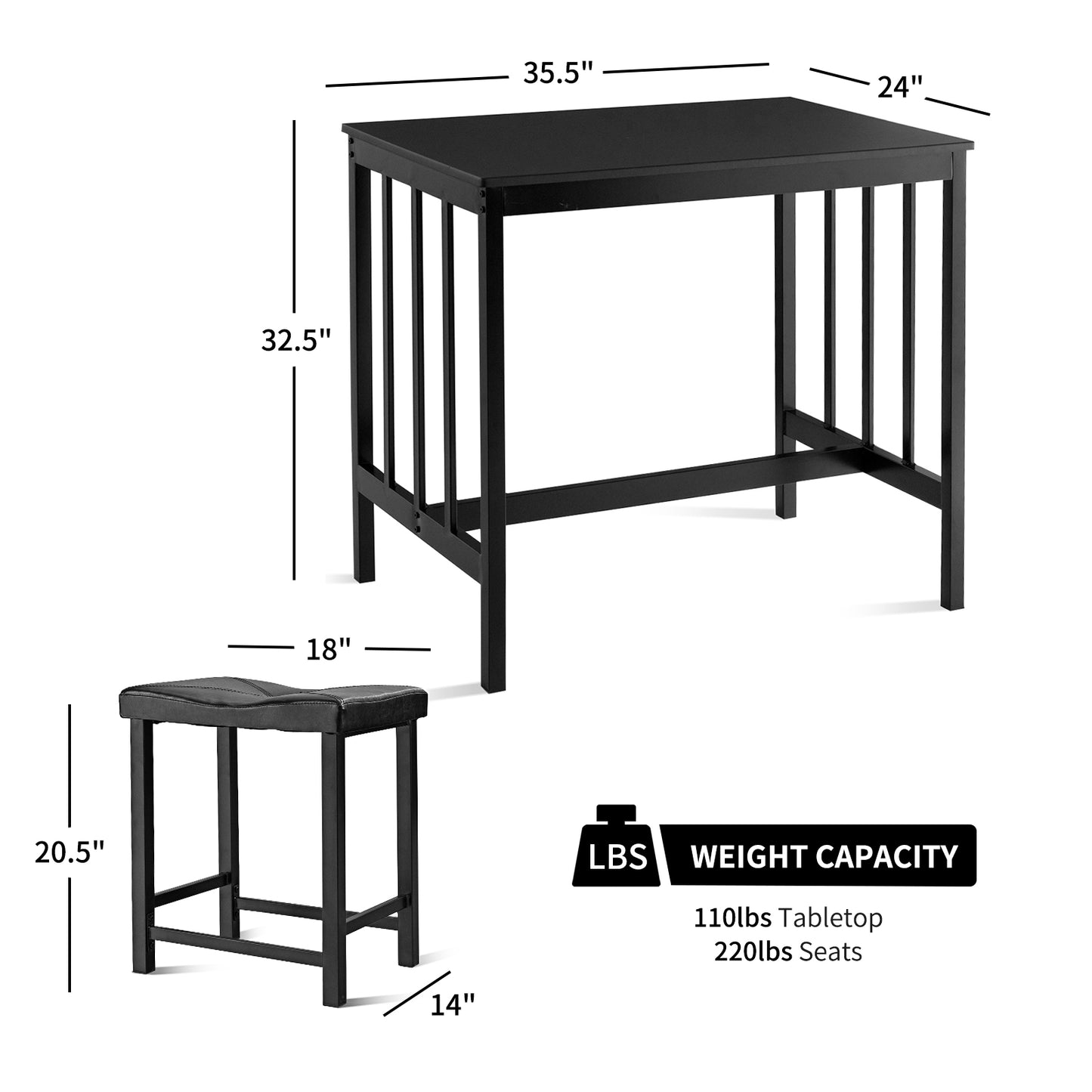 3 Pieces Modern Counter Height Dining Set, Black Dining Room Sets at Gallery Canada