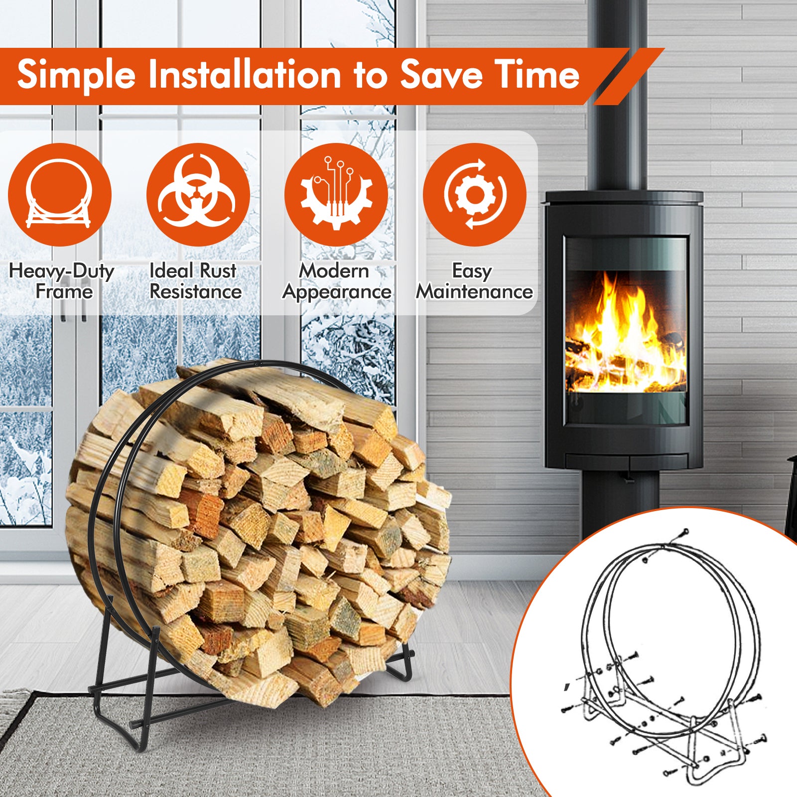 40-inch Tubular Steel Firewood Storage Rack, Black Log Storage at Gallery Canada