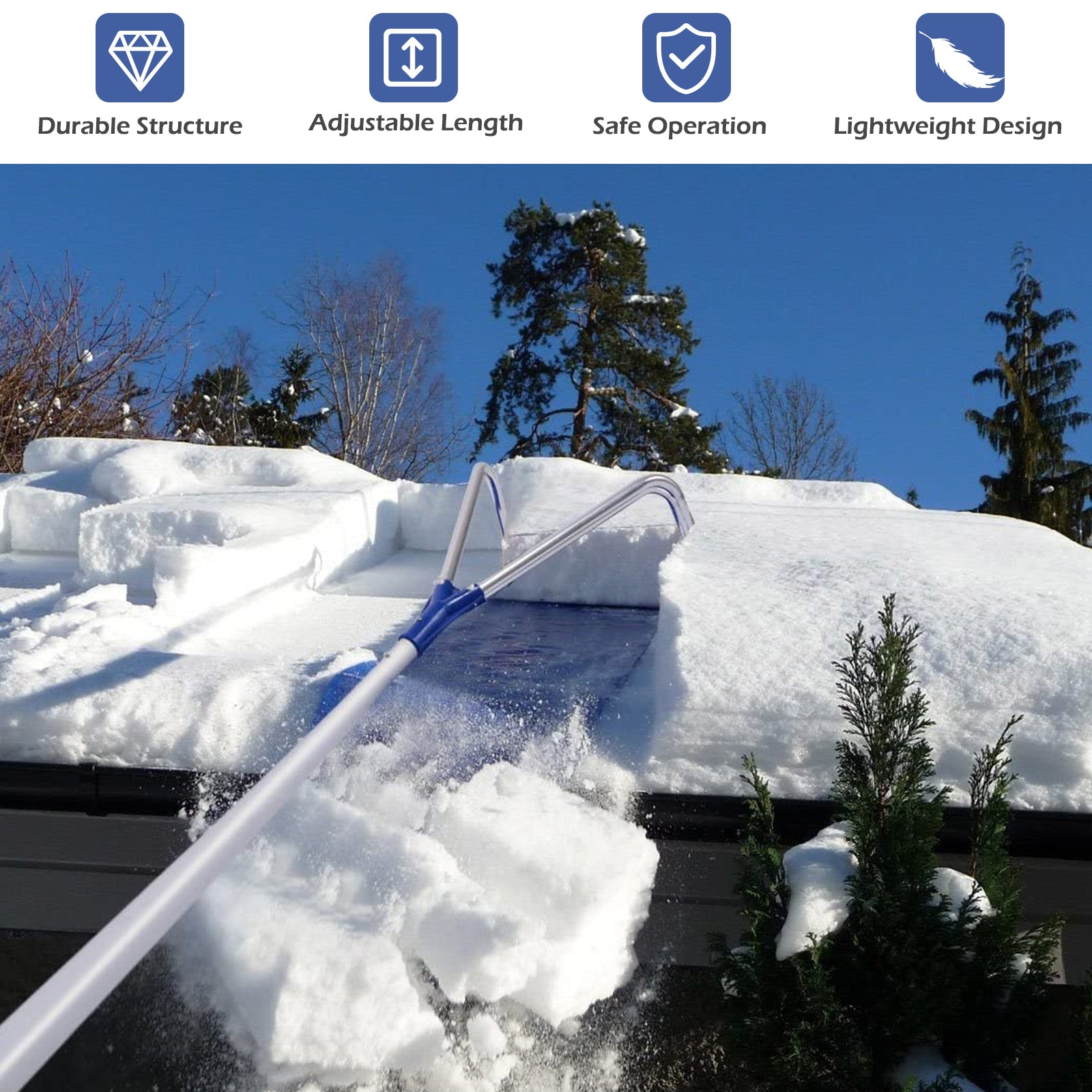21 Feet Adjustable Aluminium Snow Roof Rake with Wheels and Oxford Slide, Blue Snow Removal at Gallery Canada