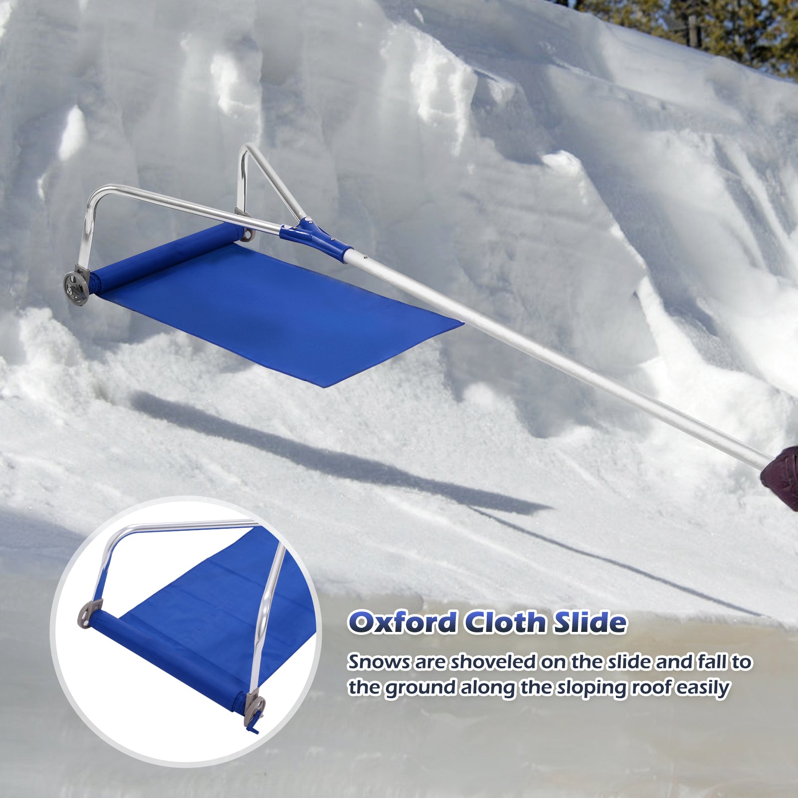 21 Feet Adjustable Aluminium Snow Roof Rake with Wheels and Oxford Slide, Blue Snow Removal at Gallery Canada