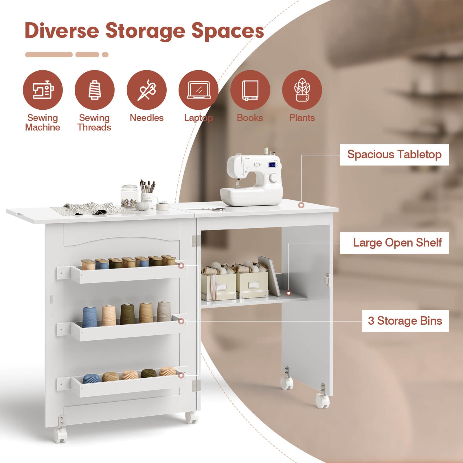 White Folding Swing Craft Table Storage Shelves Cabinet, White Sewing Tables at Gallery Canada