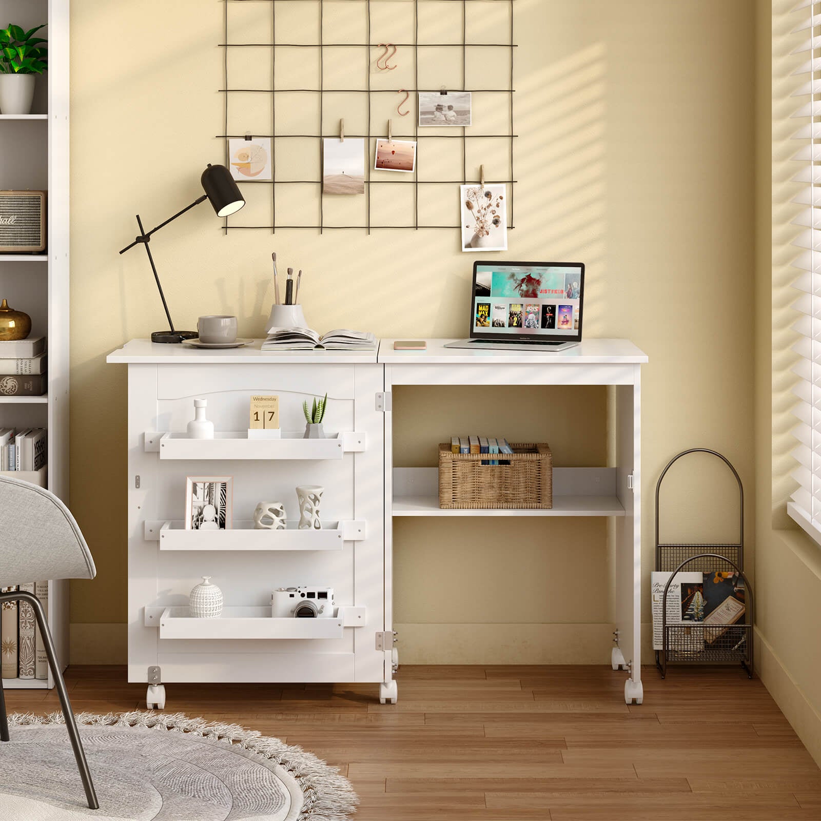 White Folding Swing Craft Table Storage Shelves Cabinet, White Sewing Tables at Gallery Canada