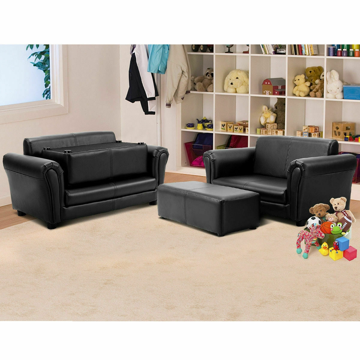 Black/White Kids Double Sofa with Ottoman, Black Kids Chairs & Seating at Gallery Canada