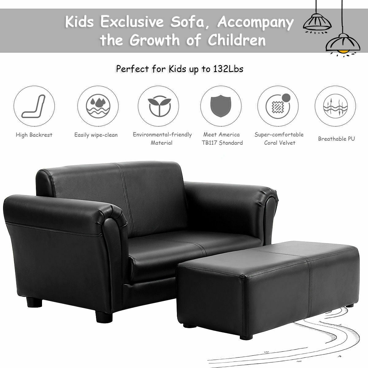 Black/White Kids Double Sofa with Ottoman, Black Kids Chairs & Seating at Gallery Canada