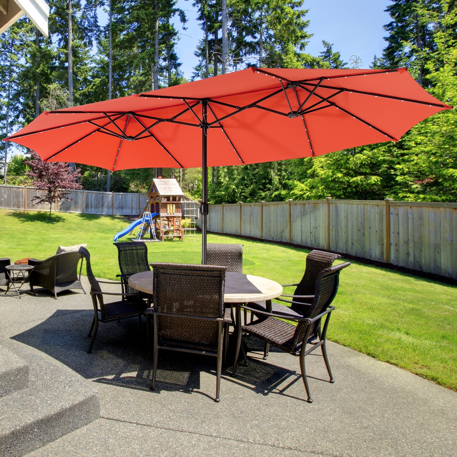 15 Feet Twin Patio Umbrella with 48 Solar LED Lights, Orange Outdoor Umbrellas at Gallery Canada