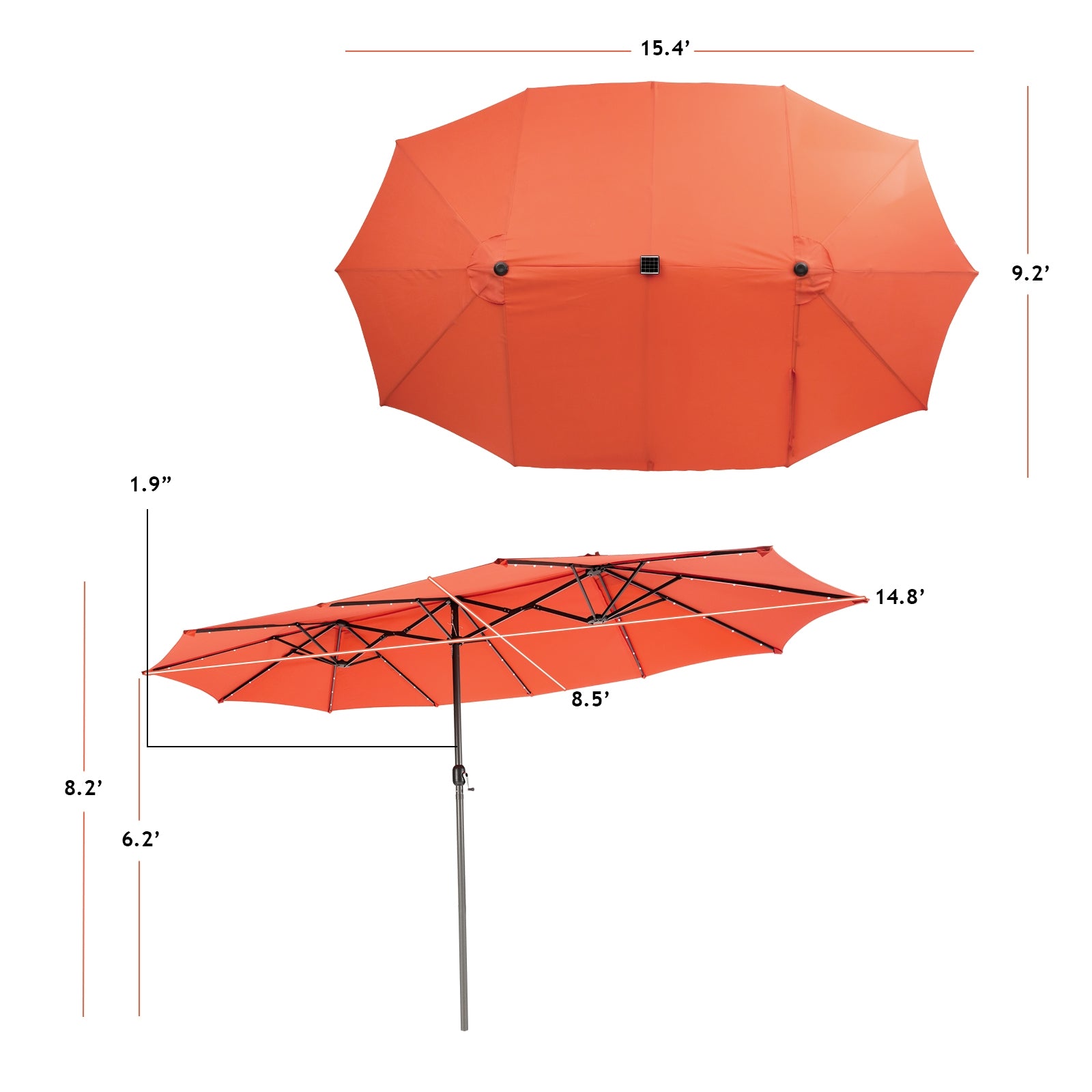 15 Feet Twin Patio Umbrella with 48 Solar LED Lights, Orange Outdoor Umbrellas at Gallery Canada