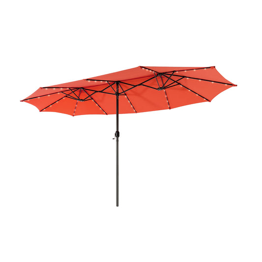 15 Feet Twin Patio Umbrella, 48 Solar LED Lights, Orange Outdoor Umbrellas Orange at Gallery Canada