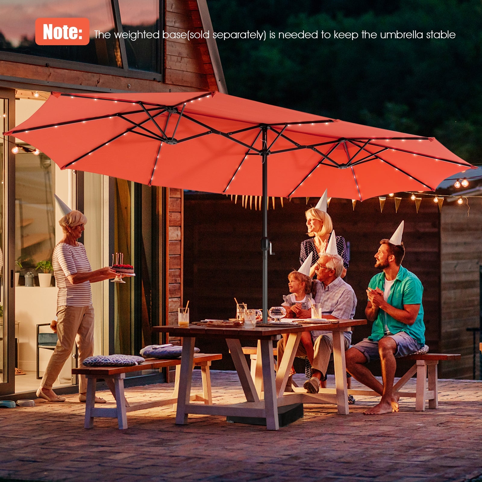 15 Feet Twin Patio Umbrella with 48 Solar LED Lights, Orange Outdoor Umbrellas at Gallery Canada