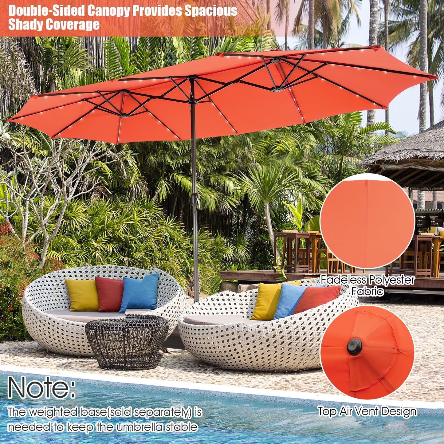 15 Feet Twin Patio Umbrella with 48 Solar LED Lights, Orange Outdoor Umbrellas at Gallery Canada