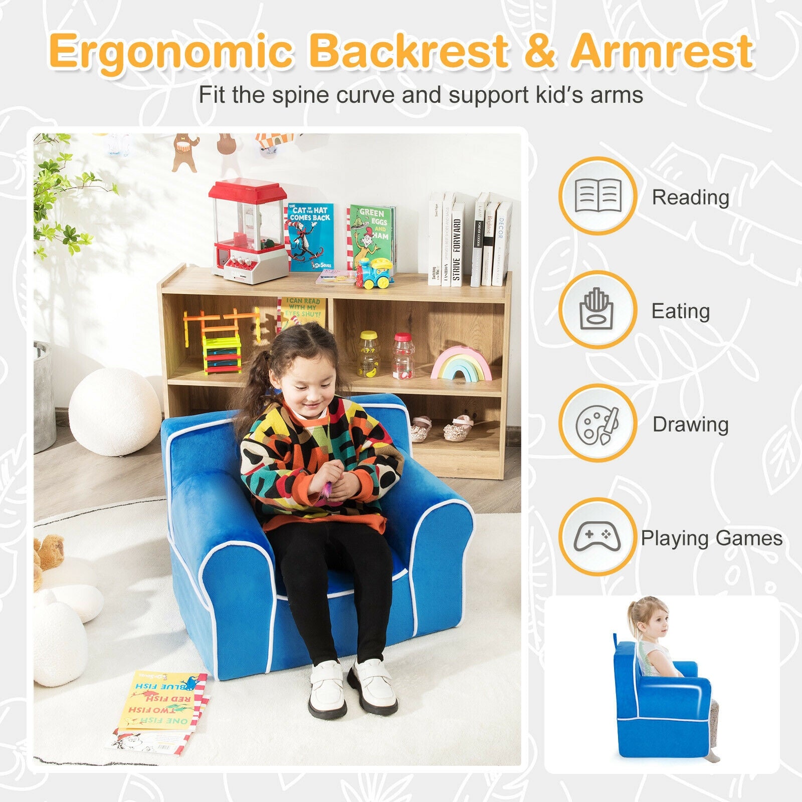 Upholstered Kids Sofa with Velvet Fabric and High-Quality Sponge, Blue Kids Chairs & Seating at Gallery Canada