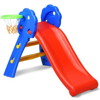 2 Step Kids Plastic Folding Slide With Basketball Hoop, Multicolor