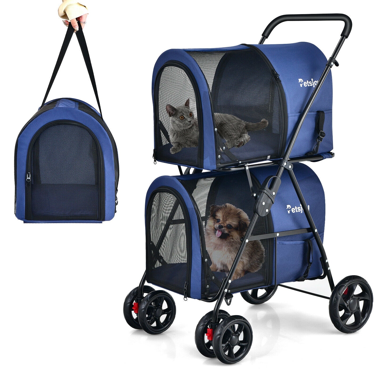 4-in-1 Double Pet Stroller with Detachable Carrier and Travel Carriage, Blue Dog Supplies at Gallery Canada