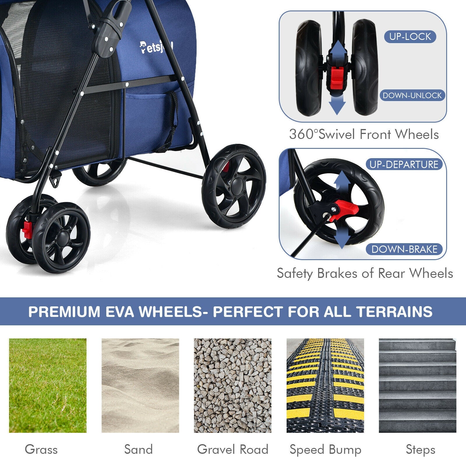 4-in-1 Double Pet Stroller with Detachable Carrier and Travel Carriage, Blue Dog Supplies at Gallery Canada