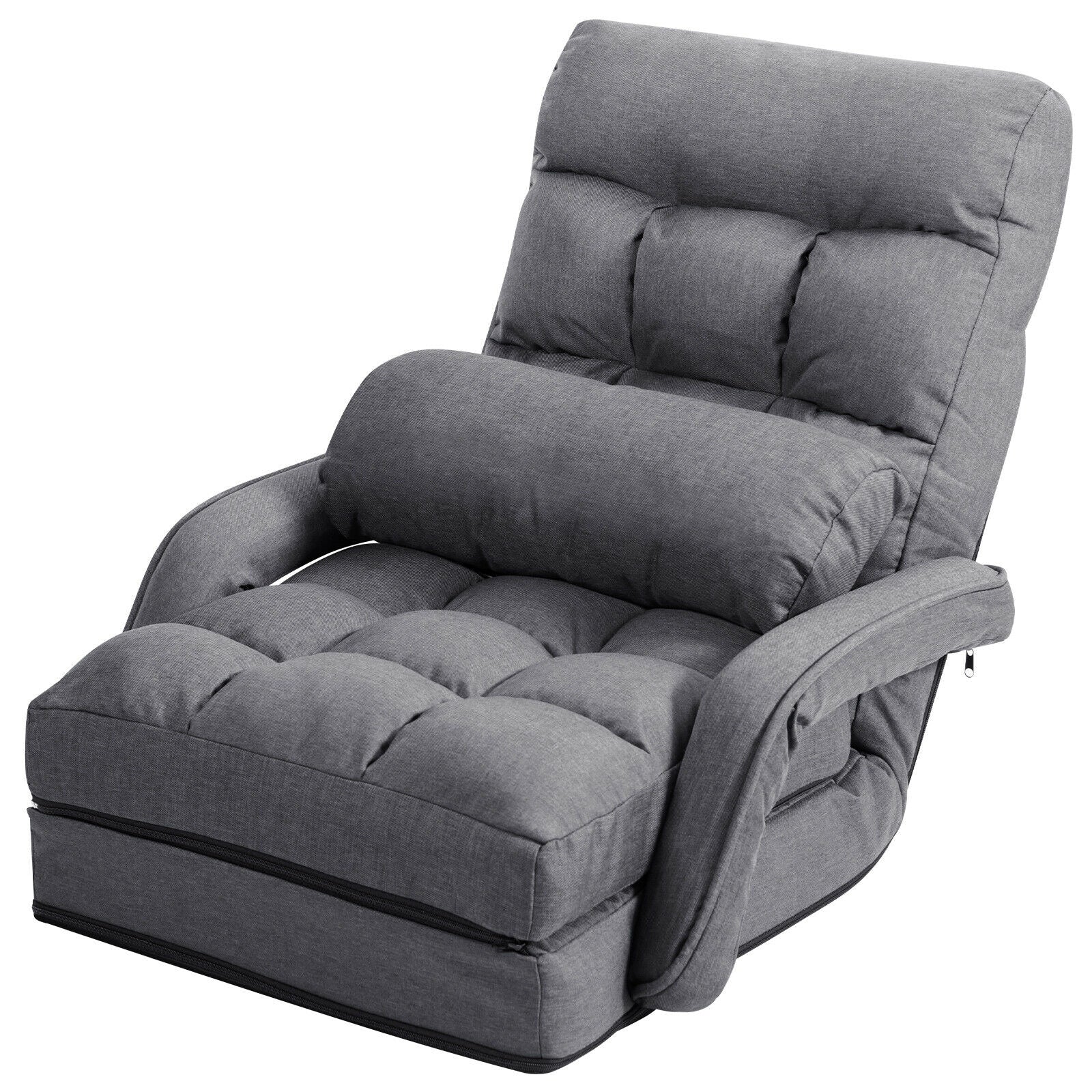 Folding Lazy Floor Chair Sofa with Armrests and Pillow, Gray Floor Chairs at Gallery Canada