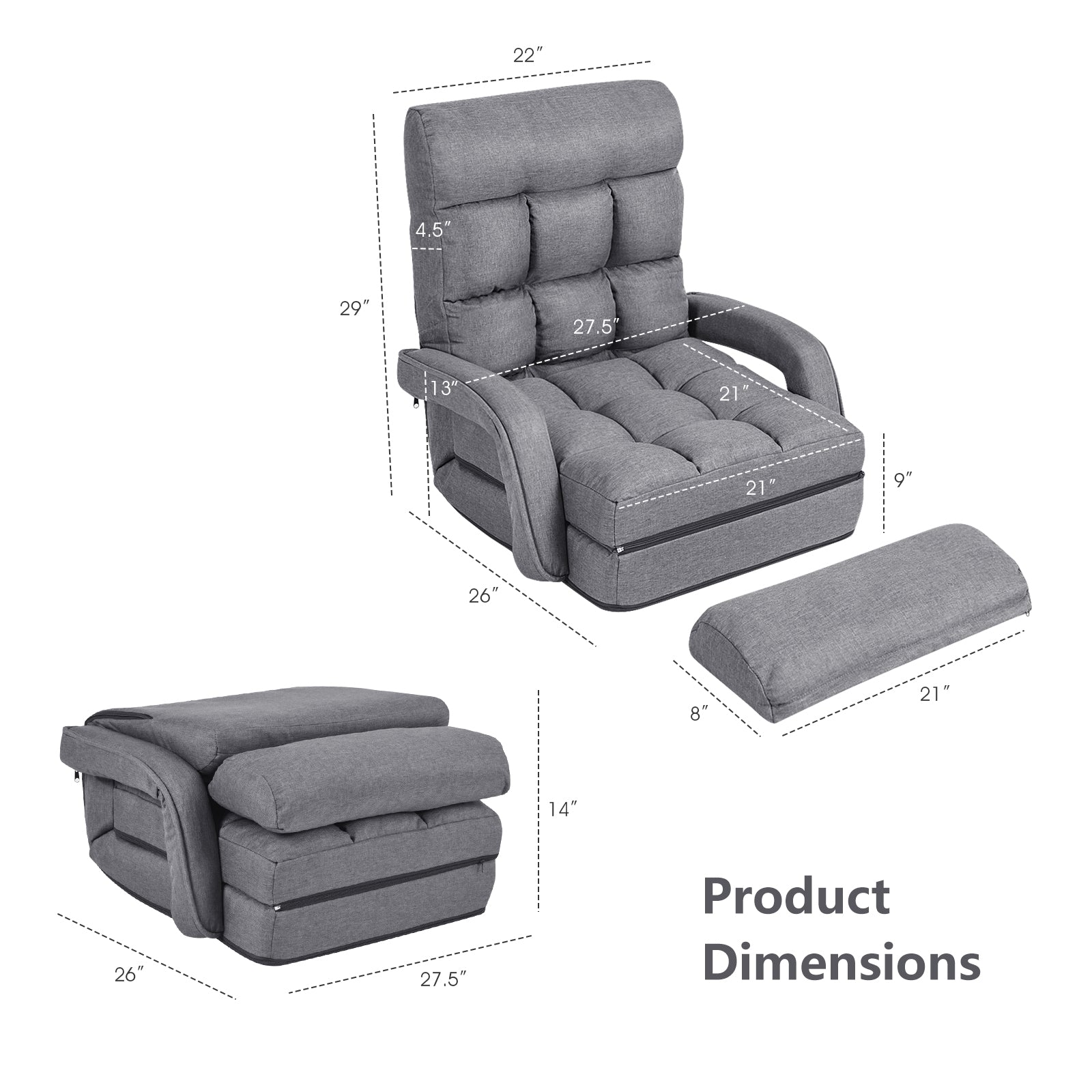 Folding Lazy Floor Chair Sofa with Armrests and Pillow, Gray Floor Chairs at Gallery Canada