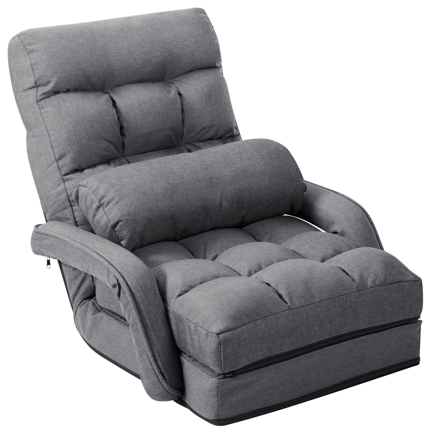 Folding Lazy Floor Chair Sofa with Armrests and Pillow, Gray Floor Chairs Gray at Gallery Canada