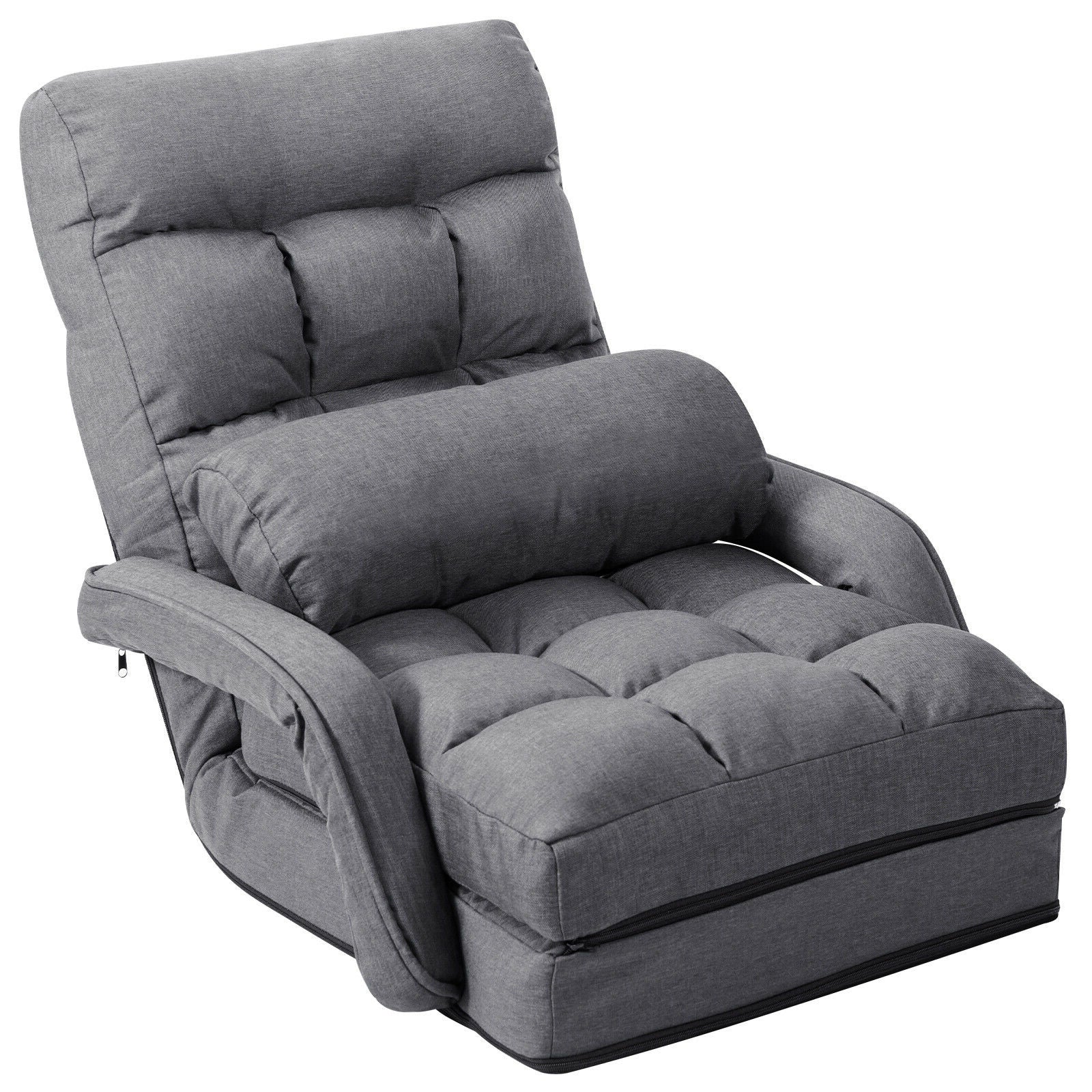 Folding Lazy Floor Chair Sofa with Armrests and Pillow, Gray Floor Chairs Gray at Gallery Canada
